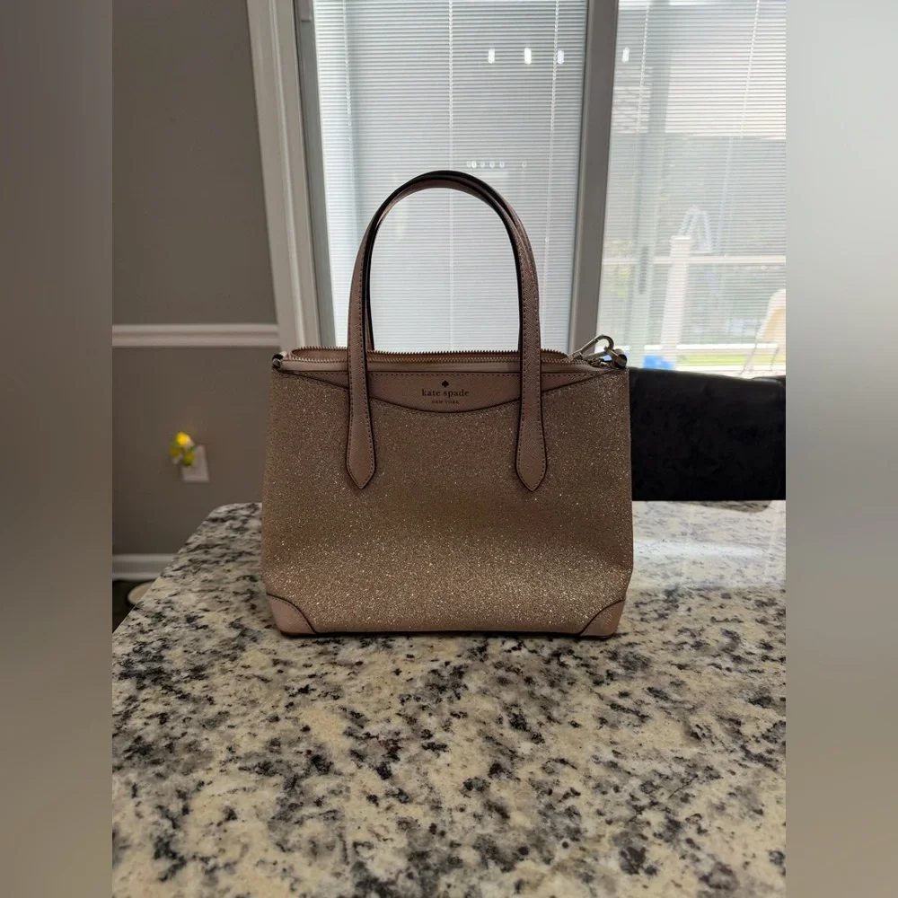 KATE SPADE Small Shimmy Glitter Convertible Crossbody Satchel in Rose Gold - Picture 3 of 6